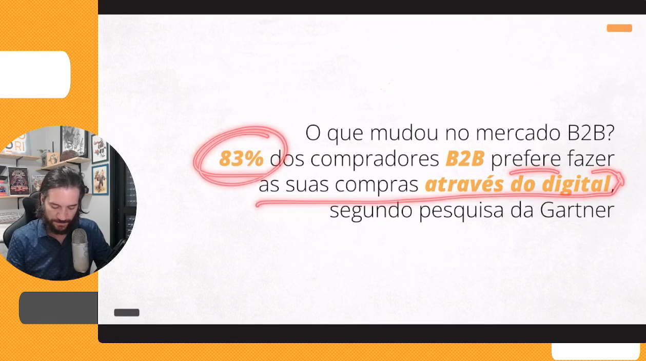 Imagem de uma apresentação de slide com o texto em destaque
83% dos compradores B2B prefere fazer as suas compras através do digital